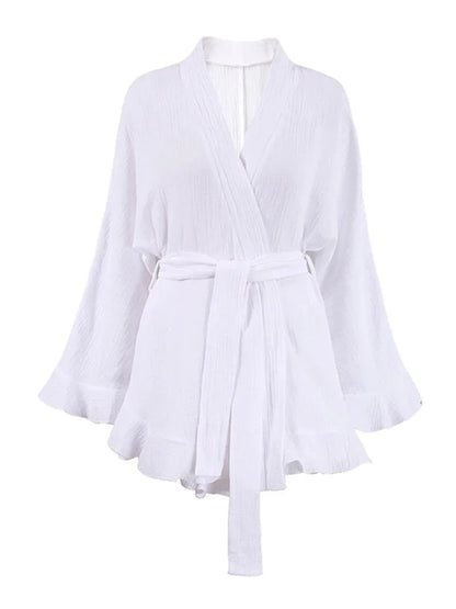 Crinkled Cotton 2-piece Shorts Set with Robe Dress