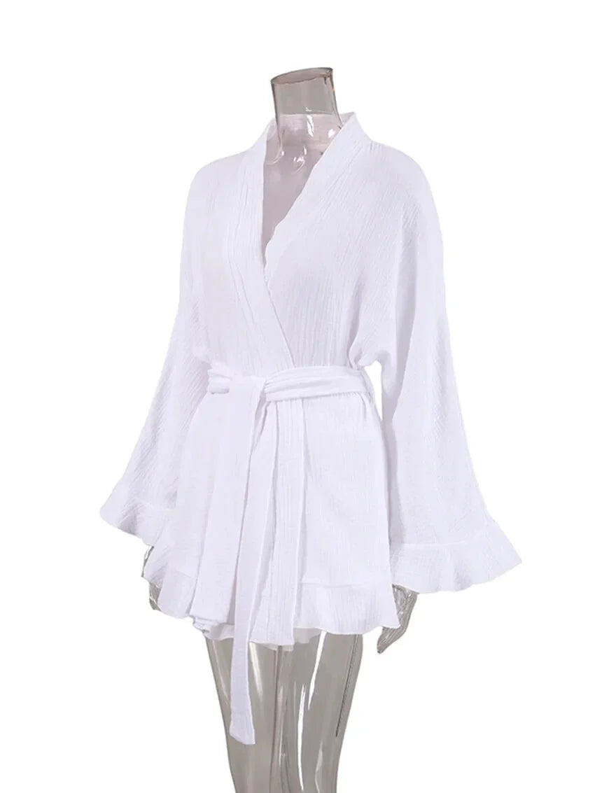 Crinkled Cotton 2-piece Shorts Set with Robe Dress