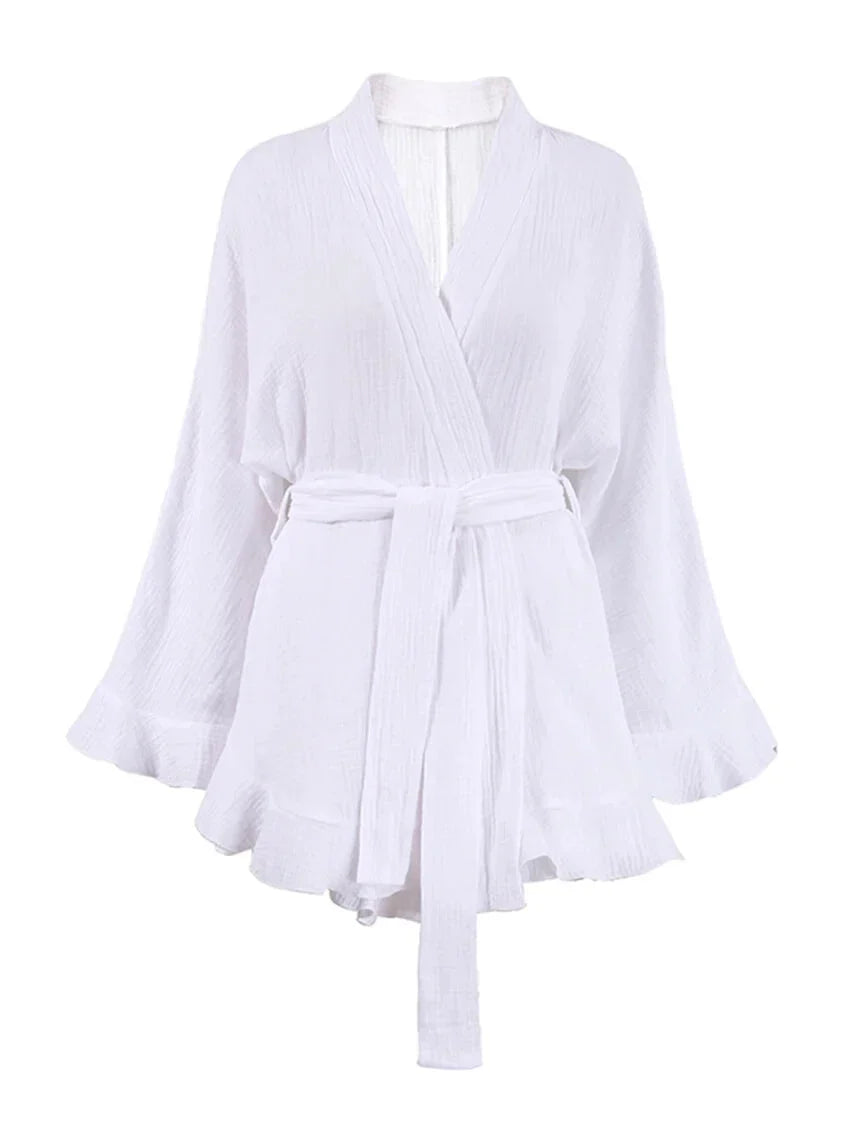 Crinkled Cotton 2-piece Shorts Set with Robe Dress