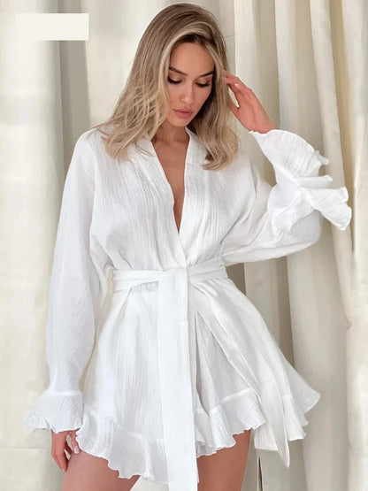 Crinkled Cotton 2-piece Shorts Set with Robe Dress