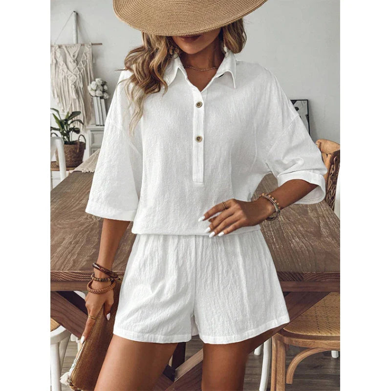 Shorts Sets- Elegant White Linen Shorts Set with Top for Relaxed Days- - Chuzko Women Clothing