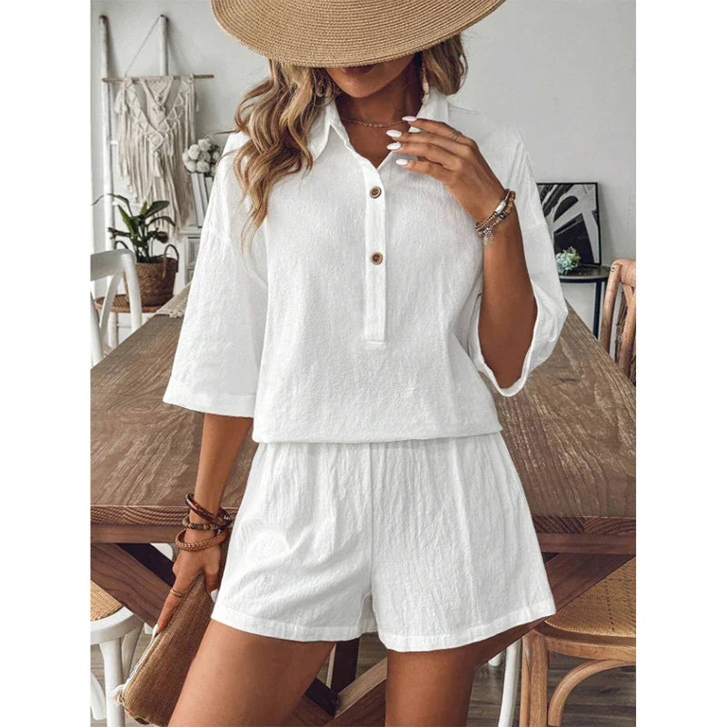 Shorts Sets- Elegant White Linen Shorts Set with Top for Relaxed Days- - Chuzko Women Clothing