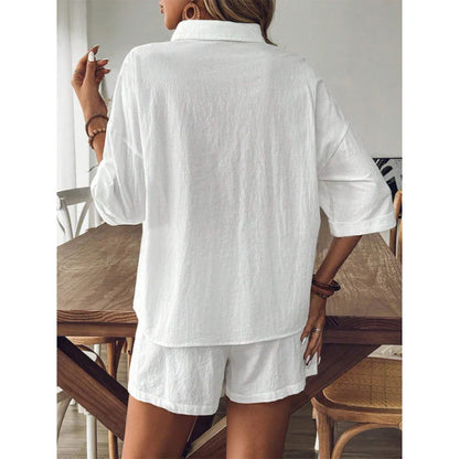 Shorts Sets- Elegant White Linen Shorts Set with Top for Relaxed Days- - Chuzko Women Clothing