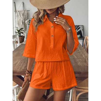 Shorts Sets- Elegant White Linen Shorts Set with Top for Relaxed Days- Orange- Chuzko Women Clothing