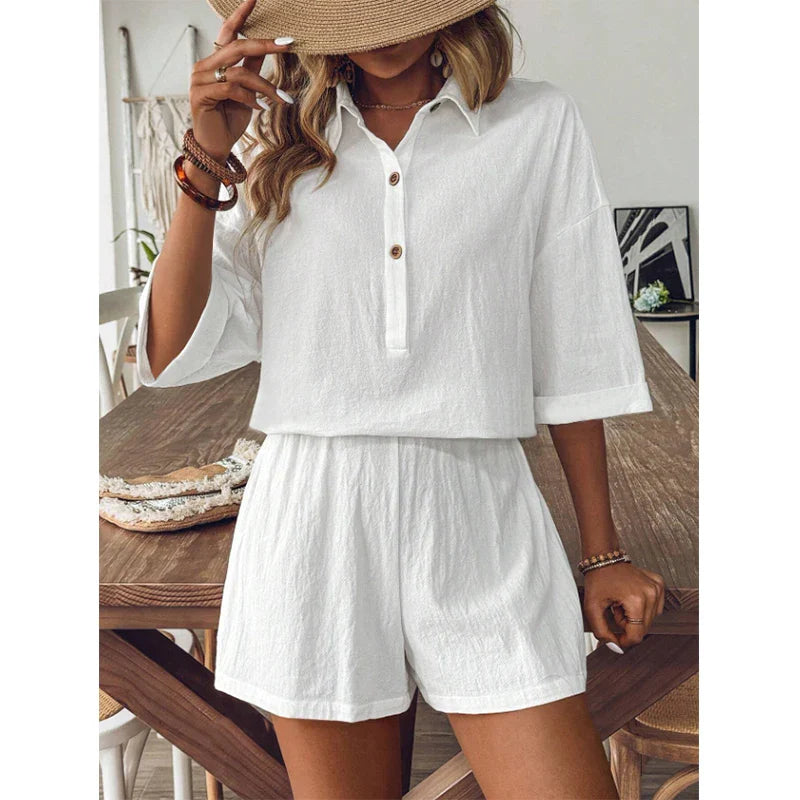 Shorts Sets- Elegant White Linen Shorts Set with Top for Relaxed Days- - Chuzko Women Clothing