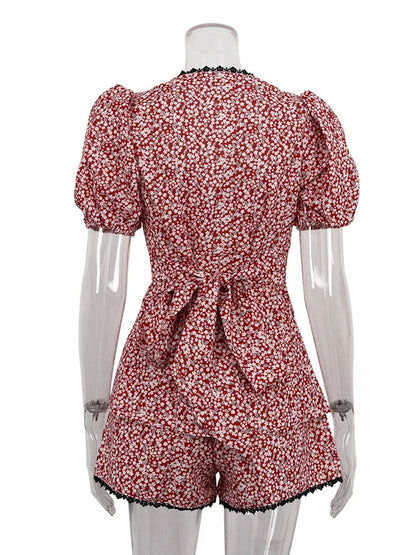 Shorts Sets - Fancy Floral Summer Outfit Puff Blouse and Shorts