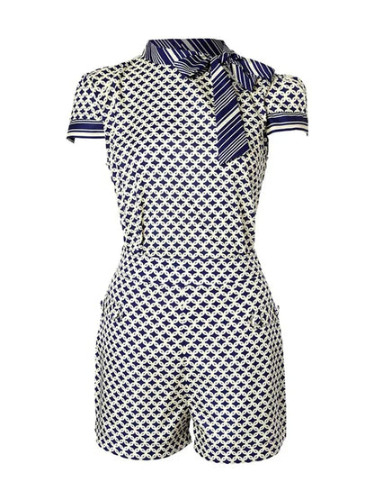 Shorts Sets- Geometric Tie-Neck Shorts Set with Bow Blouse for Casual Events- - Chuzko Women Clothing