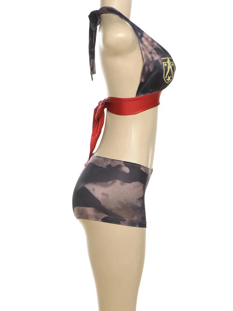 Shorts Sets - Iconic Camouflage Red Halter Top and Shorts Set