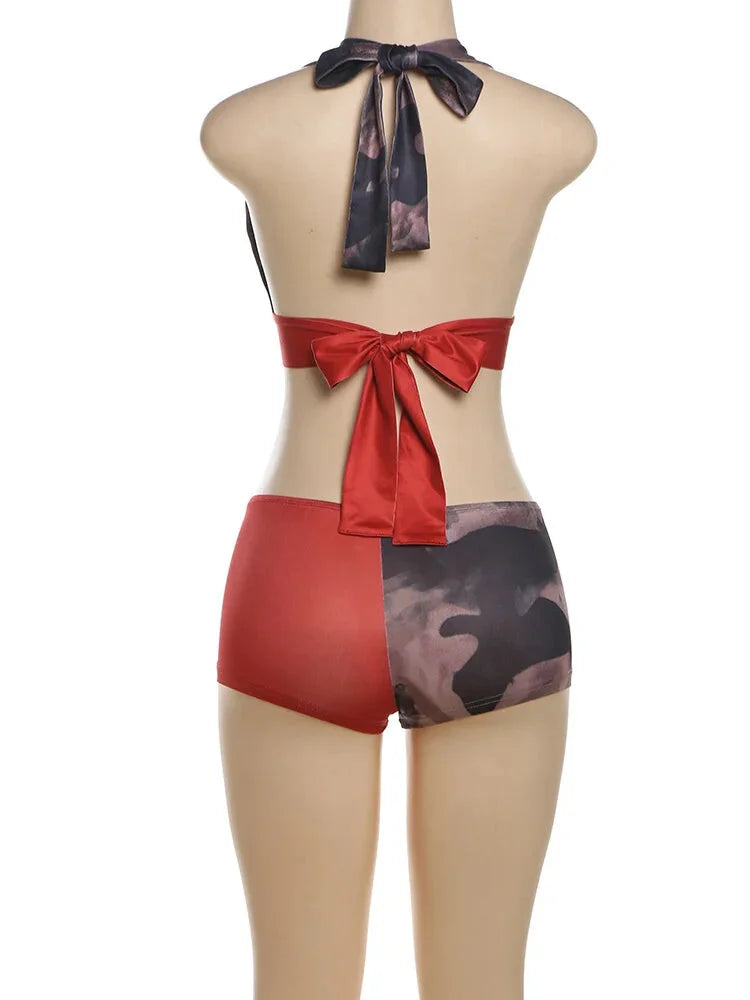 Shorts Sets - Iconic Camouflage Red Halter Top and Shorts Set