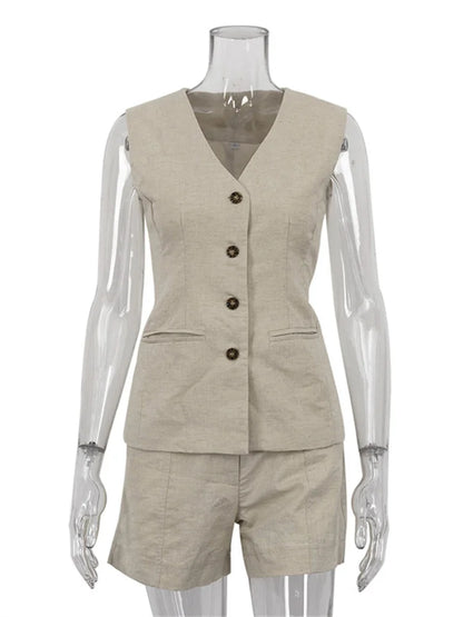 Shorts Sets- Linen Blend Shorts Suit with Vest for Women- - Chuzko Women Clothing