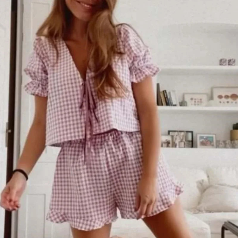 Shorts Sets- Gingham Shorts and Tie-Up Blouse Lounge Set for Comfort- - Pekosa Women Fashion