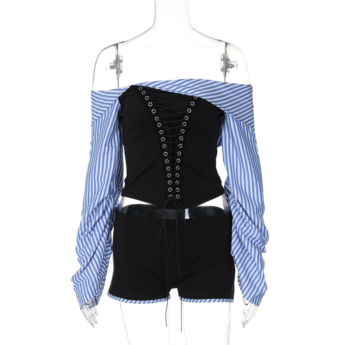 Shorts Sets - Off-Shoulder Striped Corset Set Top & Matching Shorts