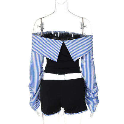 Shorts Sets - Off-Shoulder Striped Corset Set Top & Matching Shorts