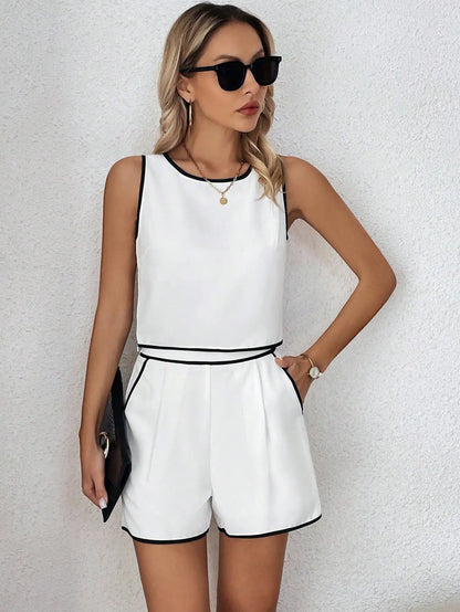 Shorts Sets- Sleeveless Top and Shorts - Two-Piece Set with Contrast Trim- - Chuzko Women Clothing