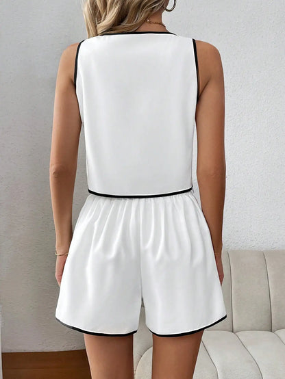 Shorts Sets- Sleeveless Top and Shorts - Two-Piece Set with Contrast Trim- - Chuzko Women Clothing