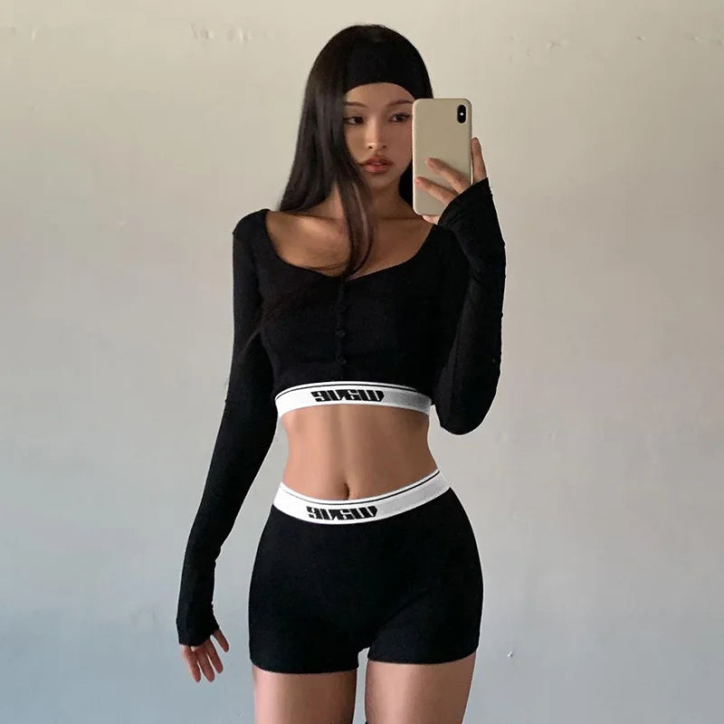 Shorts Sets - Sporty Fitness Crop Top and Shorts Set for Woman