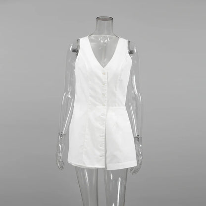 Shorts Sets- Summertime Tailored White Two-Piece Shorts Set with Long Vest- - Pekosa Women Fashion