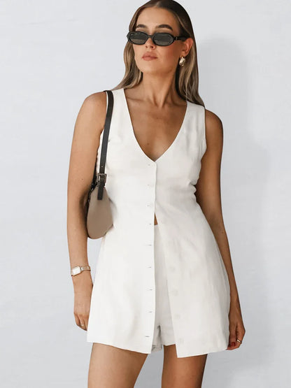 Shorts Sets- Summertime Tailored White Two-Piece Shorts Set with Long Vest- White- Pekosa Women Fashion