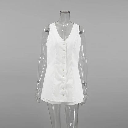 Shorts Sets- Summertime Tailored White Two-Piece Shorts Set with Long Vest- - Pekosa Women Fashion