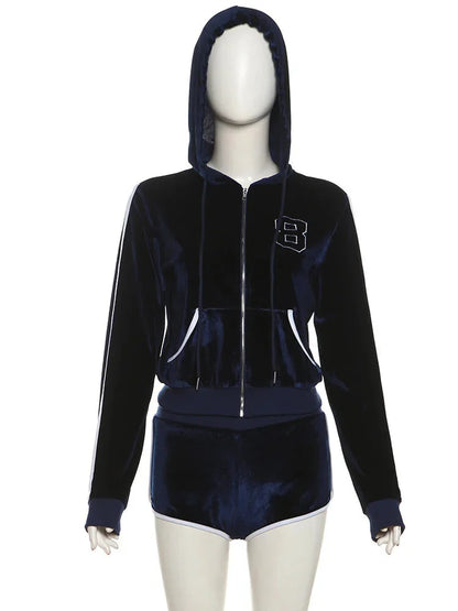 Shorts Sets - Velvet Sporty Lounge Set Zip-up Hooded Jacket & Shorts