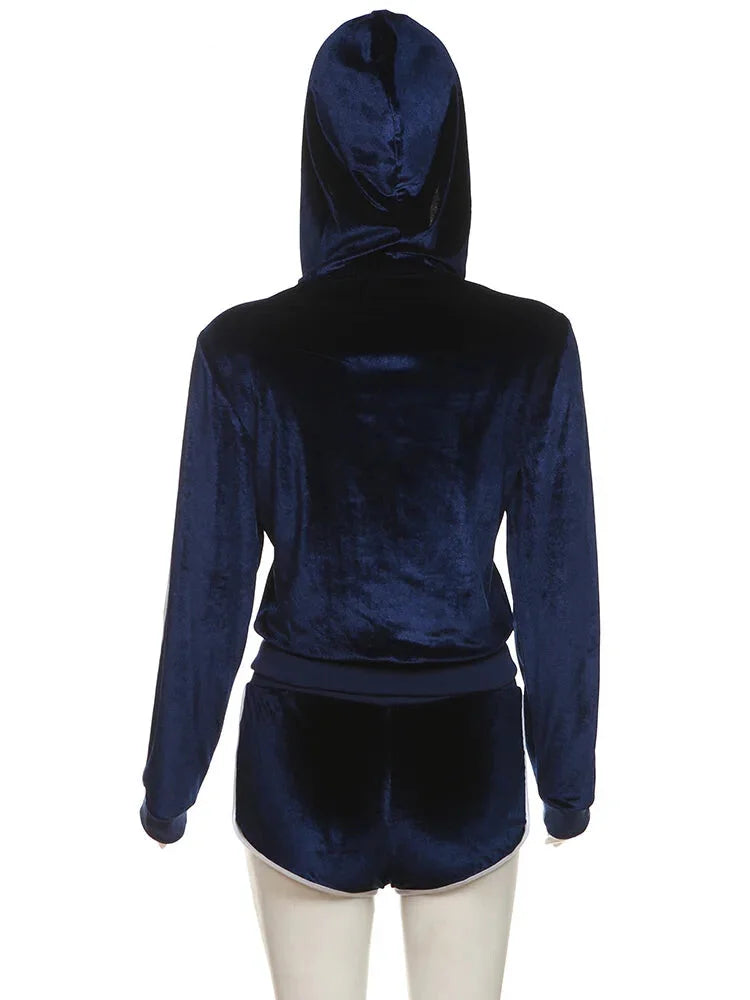 Shorts Sets - Velvet Sporty Lounge Set Zip-up Hooded Jacket & Shorts