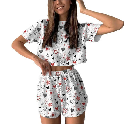 Shorts Sets- Women's Teddy Bear Hearts Crop Top & Shorts Two-Piece Set- - Pekosa Women Fashion