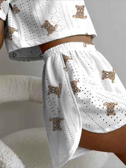 Shorts Sets- Women's Teddy Bear Hearts Crop Top & Shorts Two-Piece Set- - Pekosa Women Fashion