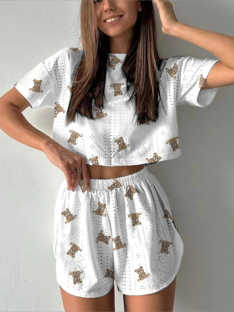 Shorts Sets- Women's Teddy Bear Hearts Crop Top & Shorts Two-Piece Set- Brown- Pekosa Women Fashion