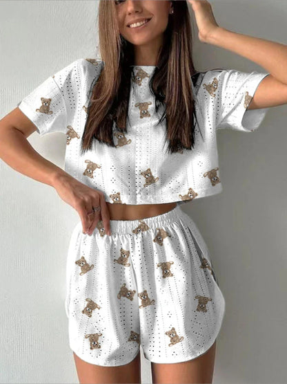 Shorts Sets- Women's Teddy Bear Hearts Crop Top & Shorts Two-Piece Set- Brown- Pekosa Women Fashion