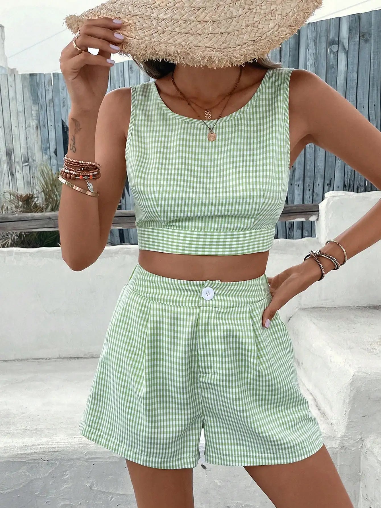 Shorts Sets- Women Gingham Crop Top and Shorts Set for Summer Days- - Chuzko Women Clothing