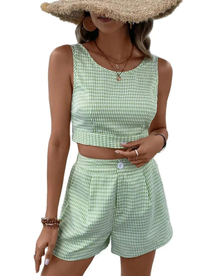 Shorts Sets- Women Gingham Crop Top and Shorts Set for Summer Days- Light Green- Chuzko Women Clothing