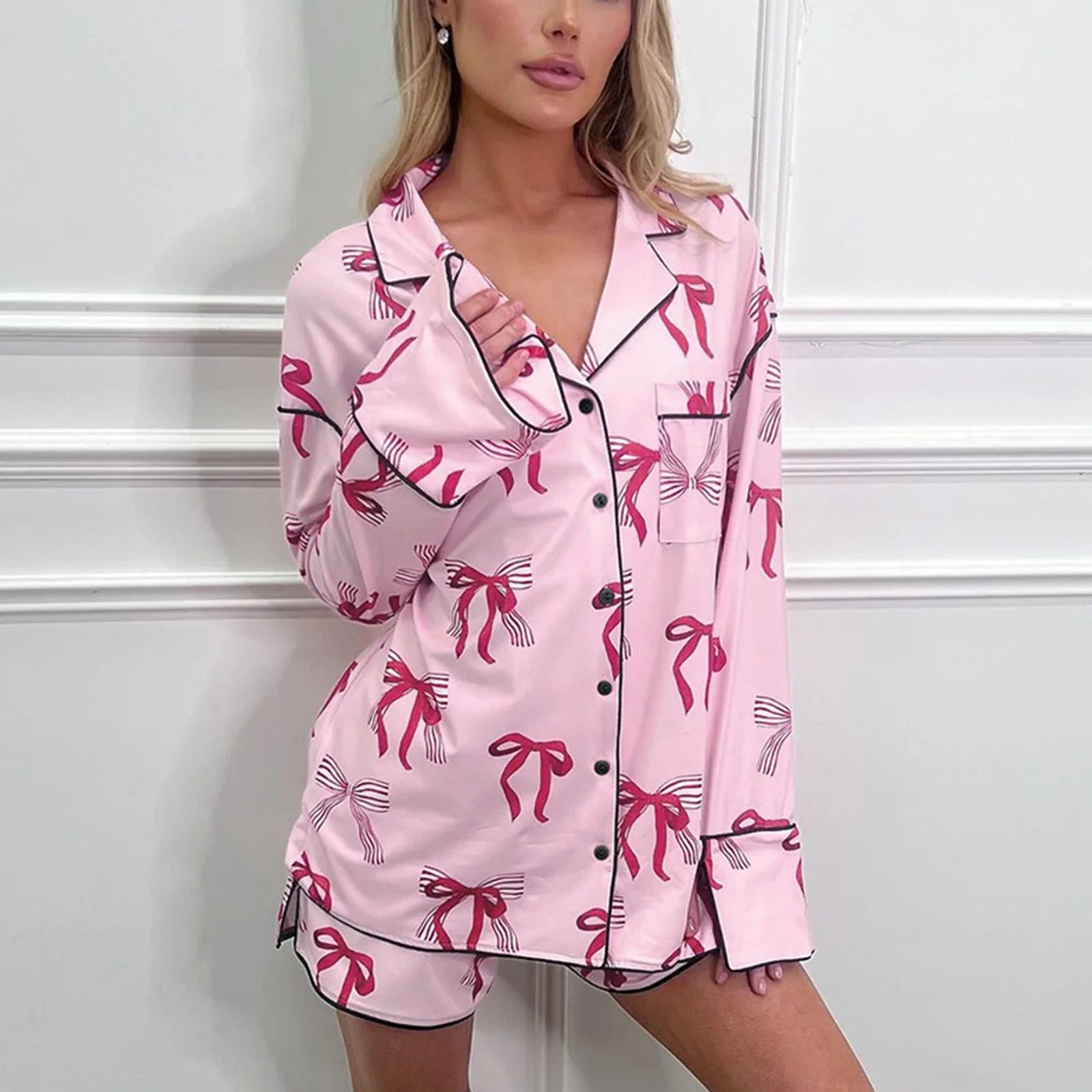 Shorts Sets- Women Pink Bow Print Satin Pajamas Shorts & Notch Shirt- - Chuzko Women Clothing