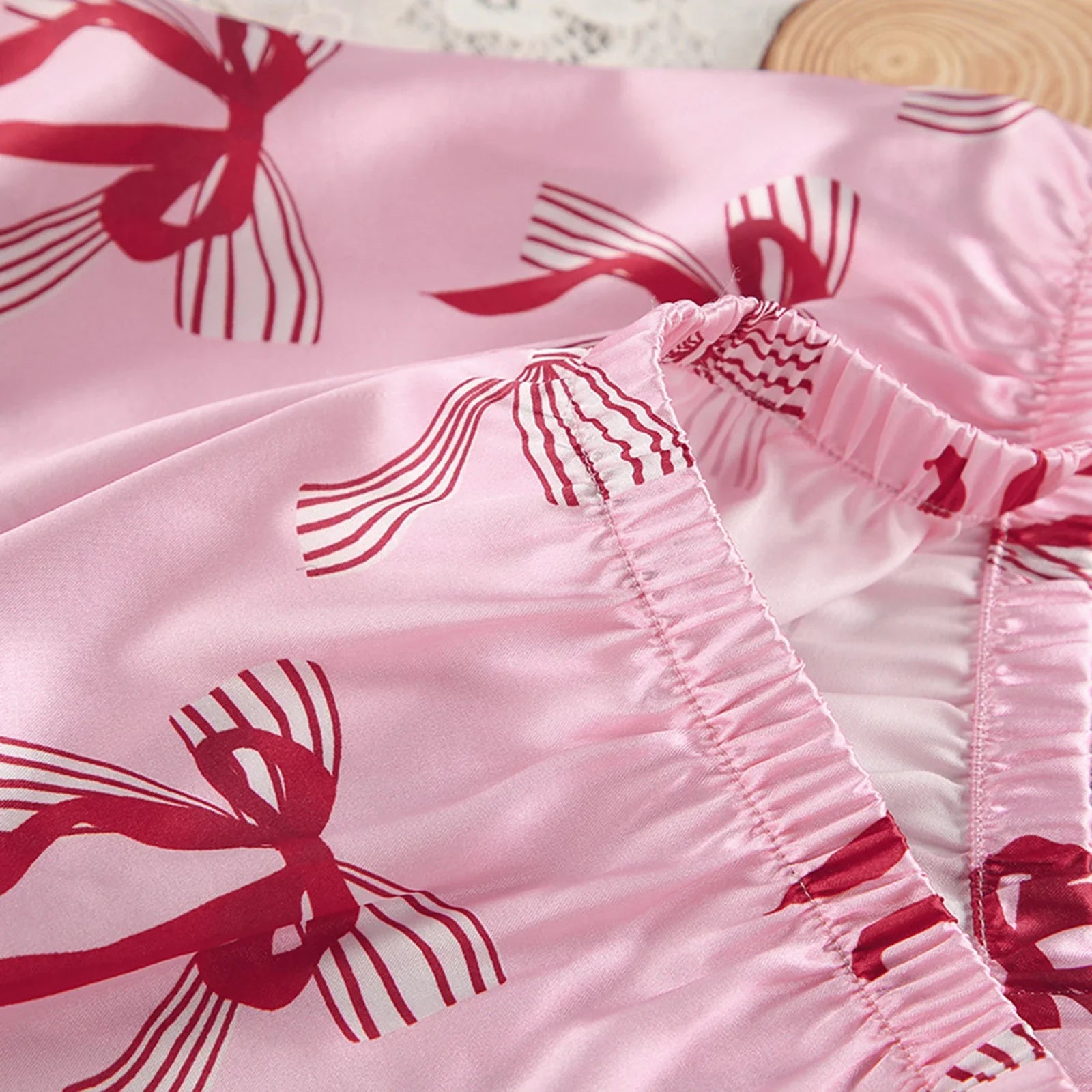 Shorts Sets- Women Pink Bow Print Satin Pajamas Shorts & Notch Shirt- - Chuzko Women Clothing