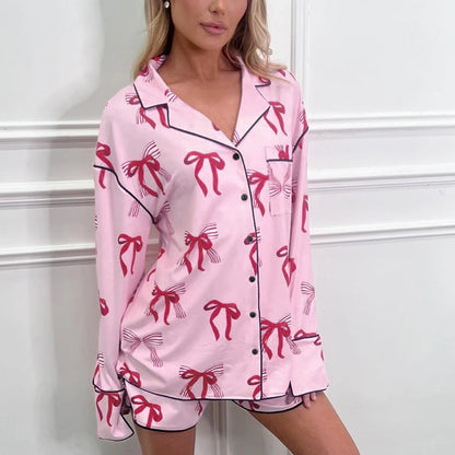 Shorts Sets- Women Pink Bow Print Satin Pajamas Shorts & Notch Shirt- - Chuzko Women Clothing