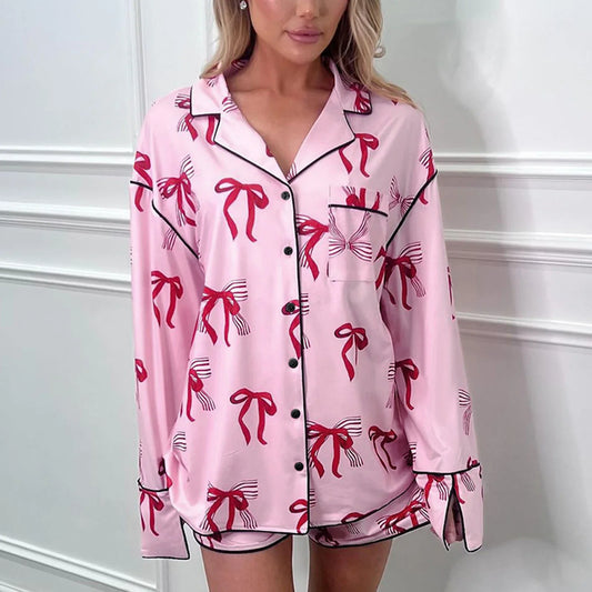 Shorts Sets- Women Pink Bow Print Satin Pajamas Shorts & Notch Shirt- Pink- Chuzko Women Clothing