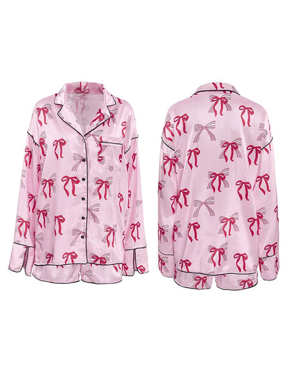 Shorts Sets- Women Pink Bow Print Satin Pajamas Shorts & Notch Shirt- - Chuzko Women Clothing