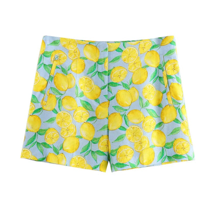 Shorts Sets- Women Zesty Lemon Crop Top & Shorts - Two-Piece Set for Summer Days- Only Shorts- Pekosa Women Fashion