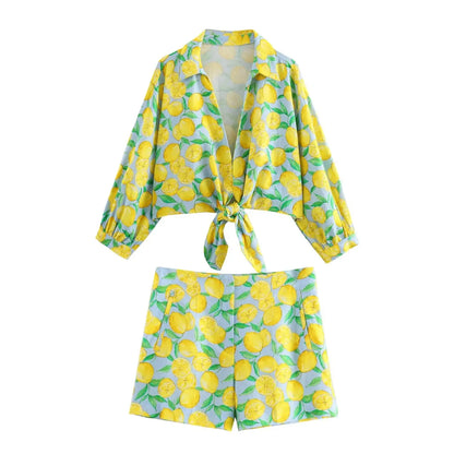 Shorts Sets- Women Zesty Lemon Crop Top & Shorts - Two-Piece Set for Summer Days- Set- Pekosa Women Fashion