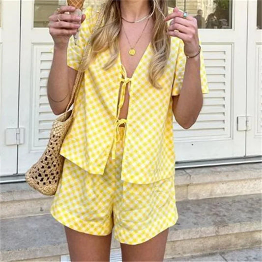 Shorts Sets- Plaid Tie-Up Blouse and Shorts in Yellow Gingham Two-Piece Set- Yellow- Pekosa Women Fashion