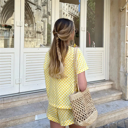 Shorts Sets- Plaid Tie-Up Blouse and Shorts in Yellow Gingham Two-Piece Set- - Pekosa Women Fashion