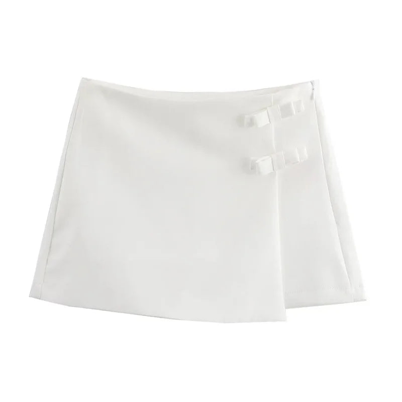 Shorts Skirts- Women Buckle-Accent Mini Skirt- White- Chuzko Women Clothing