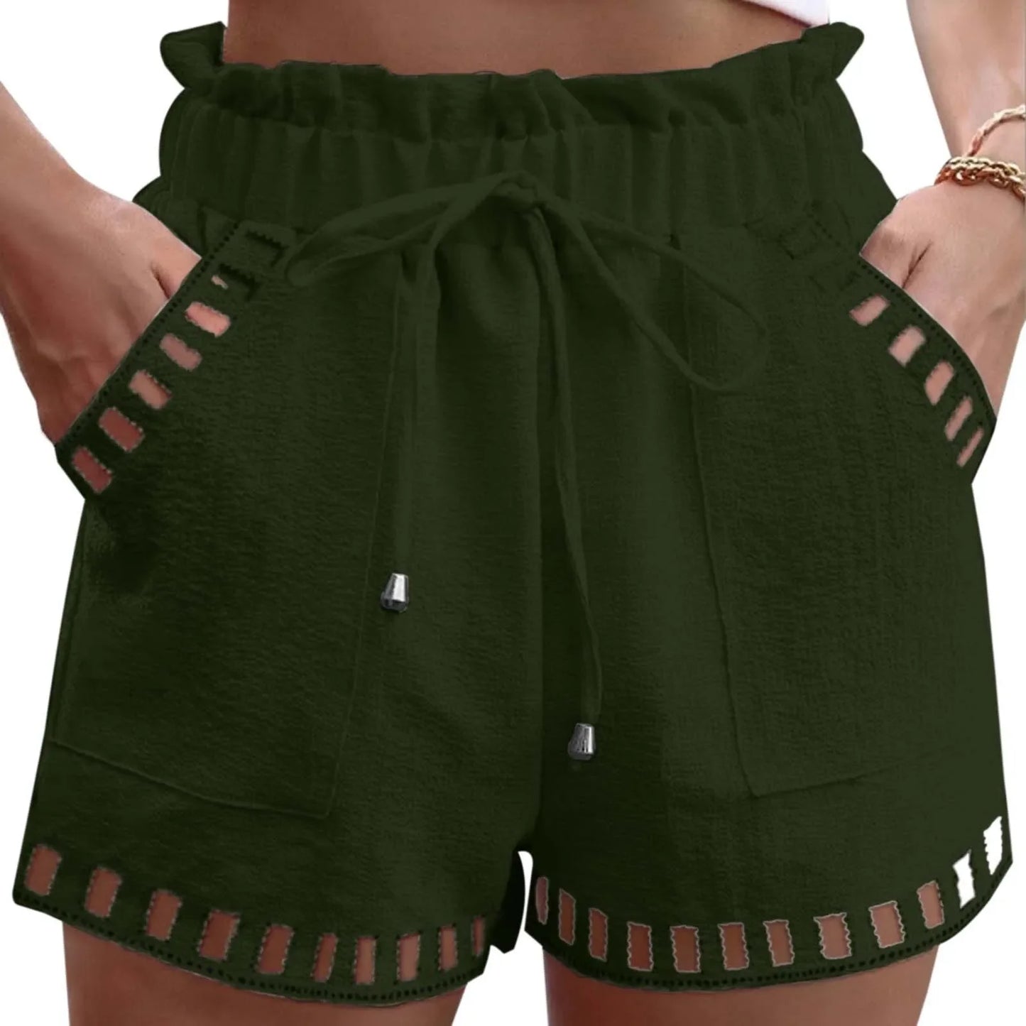 Shorts- Women Textured Paperbag Shorts with Stylish Cut-Outs- Dark green- Chuzko Women Clothing