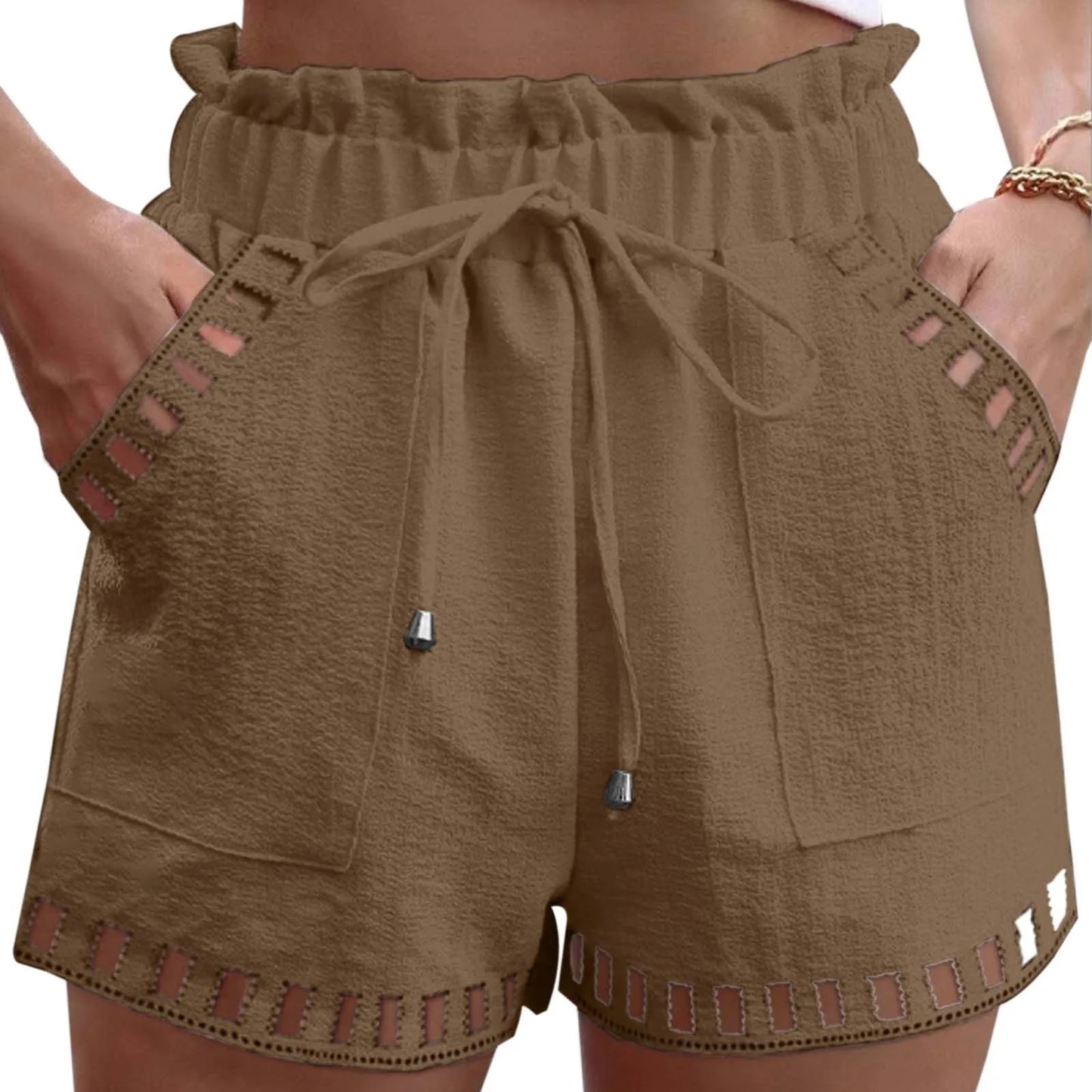 Shorts- Women Textured Paperbag Shorts with Stylish Cut-Outs- Brown- Chuzko Women Clothing