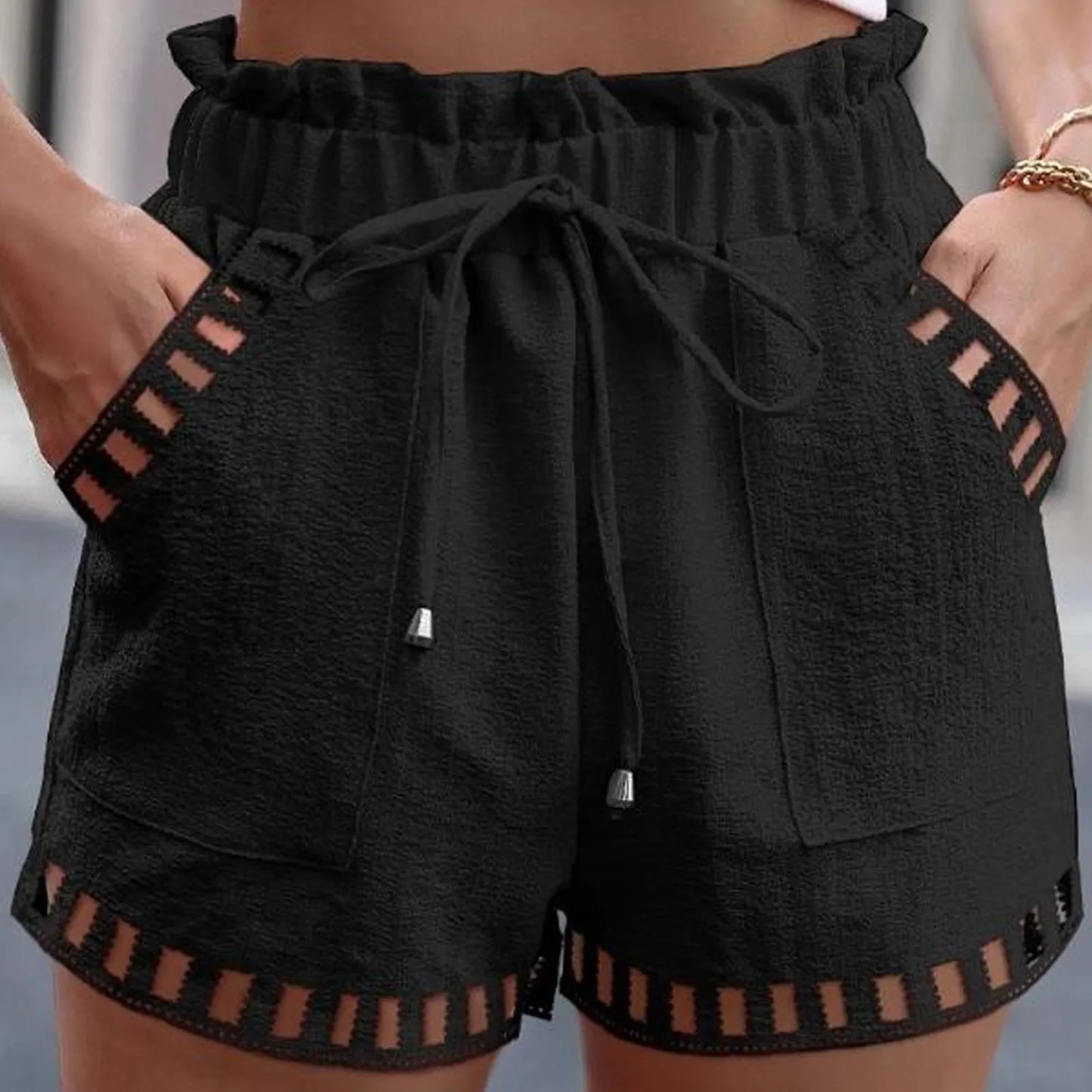 Shorts- Women Textured Paperbag Shorts with Stylish Cut-Outs- Black- Chuzko Women Clothing