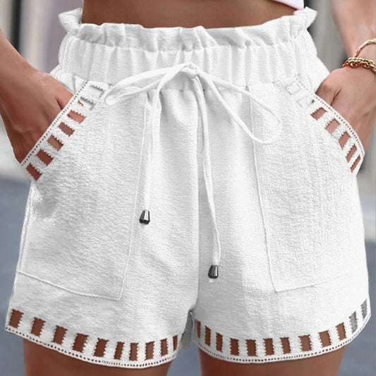 Shorts- Women Textured Paperbag Shorts with Stylish Cut-Outs- White- Chuzko Women Clothing
