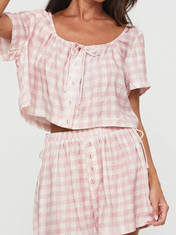 Shorts set- Gingham 2 Piece Outfit - Summer Lounge Shorts & Crop Top- - Pekosa Women Fashion