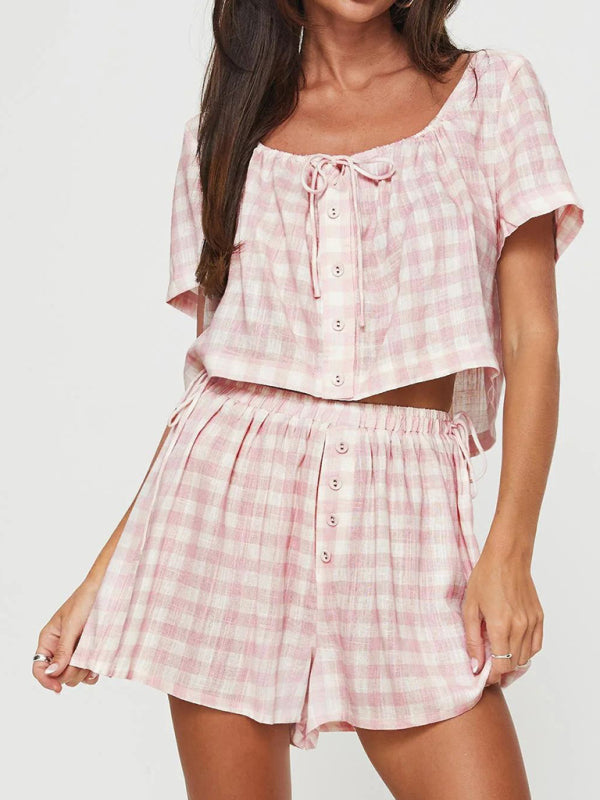 Shorts set- Gingham 2 Piece Outfit - Summer Lounge Shorts & Crop Top- Pink- Pekosa Women Fashion