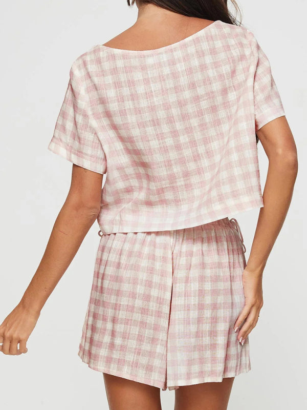 Shorts set- Gingham 2 Piece Outfit - Summer Lounge Shorts & Crop Top- - Pekosa Women Fashion