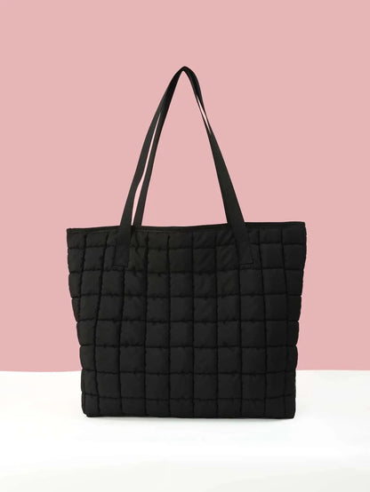 Shoulder Bags- Quilted Carryall Shoulder Bag- Black- Pekosa Women Fashion