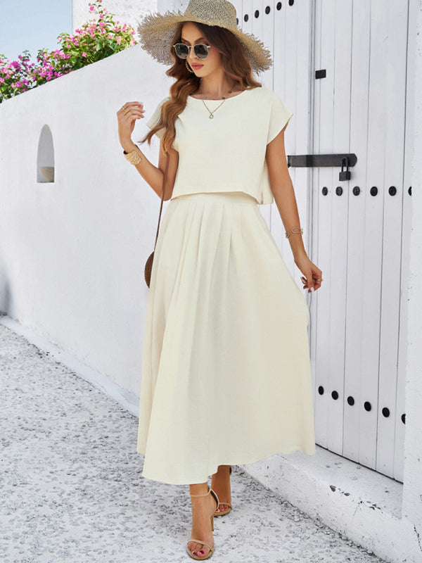 Skirt Set- Vacay Classic 2-Piece Summer Outfit - Cap Sleeve Blouse & Flare Skirt- - Pekosa Women Fashion